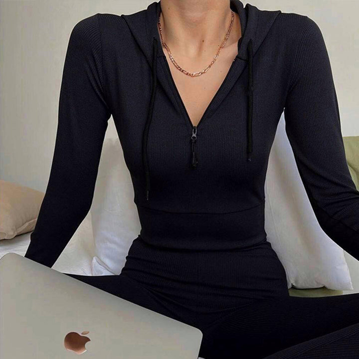 Damen geripptes Lounge-Set mit halbem Reißverschluss und hoher Taille Drune