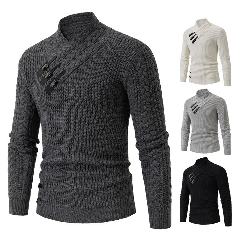 Herren Strukturiertes Zopfmuster-Mockneck-Pullover mit asymmetrischer Riegelverzierung Drune