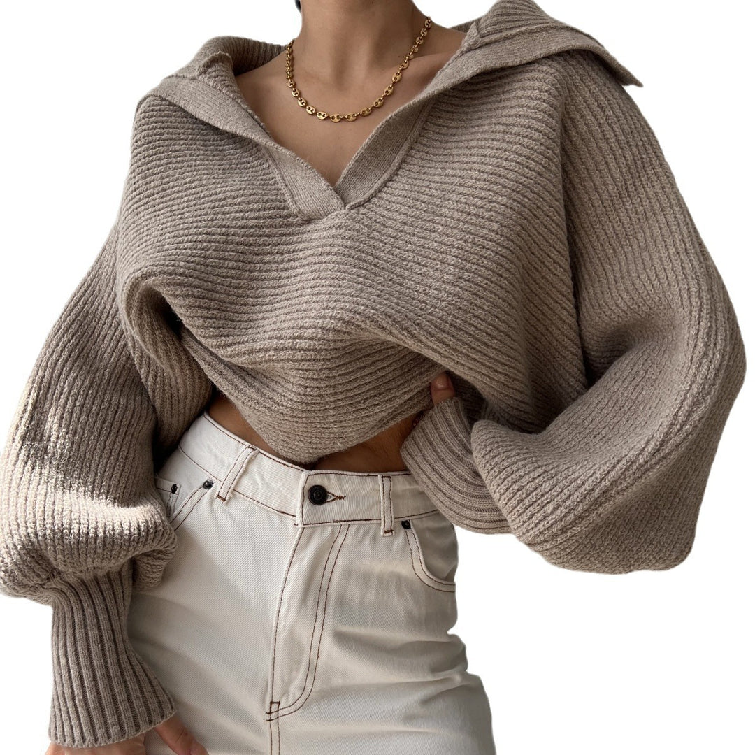 Damen Grobstrick Cropped-Pullover mit weitem Matrosenkragen und Oversize-Ärmeln Drune