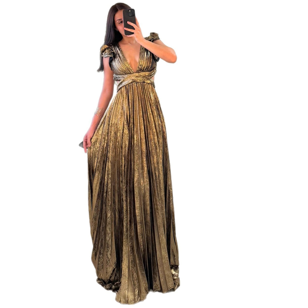 Damen Elegantes Maxikleid mit tiefem V-Ausschnitt und Rüschendetails Drune