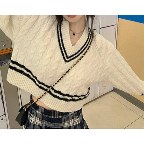 Damen modischer Strickpullover mit V-Ausschnitt und Zopfmuster Drune