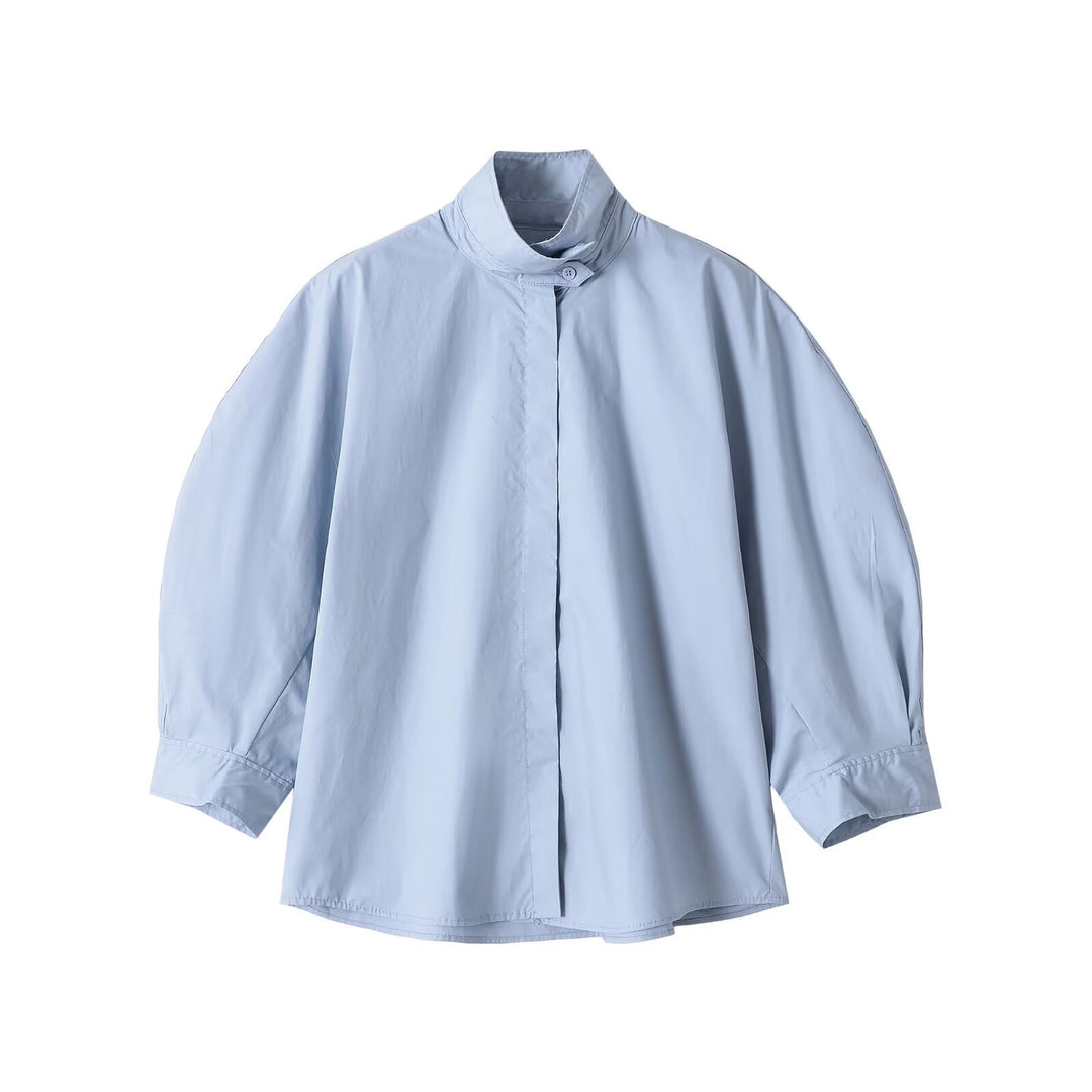 Damen Oversize Bluse mit Stehkragen und verdeckter Knopfleiste Drune