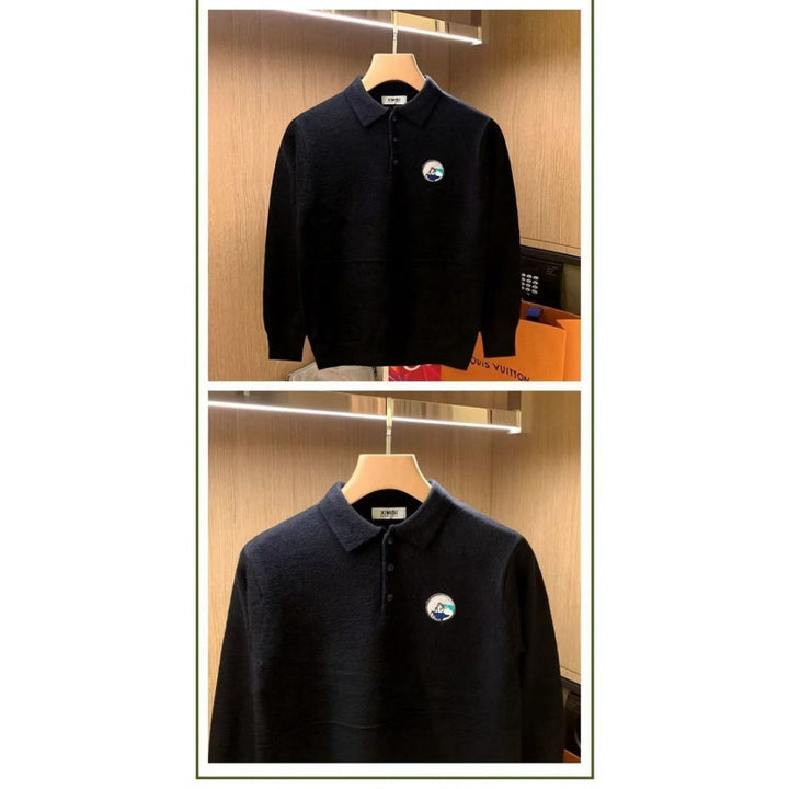 Herren Polokragen-Pullover aus weichem Flauschstrick mit Logo‑Patch Drune