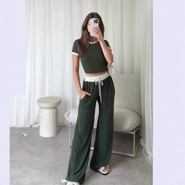 Damen Loungewear-Set mit cropped Oberteil und weitem Hosenbein Drune
