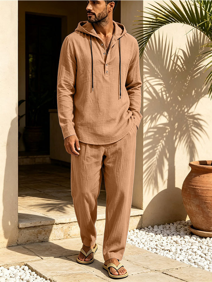 Herren Lässiges Leinen-Look Freizeit-Set mit Kapuzenhemd und weiten Hosen Drune