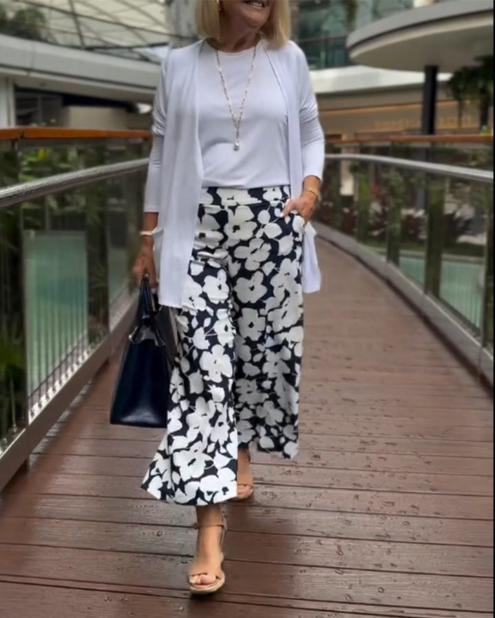 Damen nan weite Palazzohose mit großblumigem Print, hohem Bund und Eingrifftaschen Drune