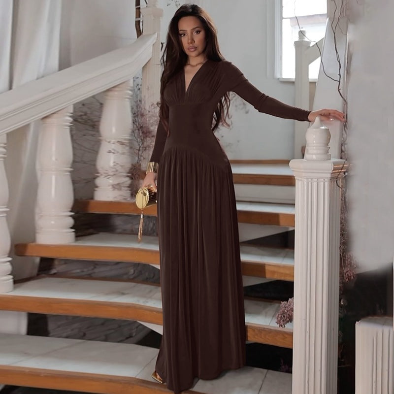 Damen Elegantes Maxikleid mit tiefem V-Ausschnitt und fließendem Schnitt Drune