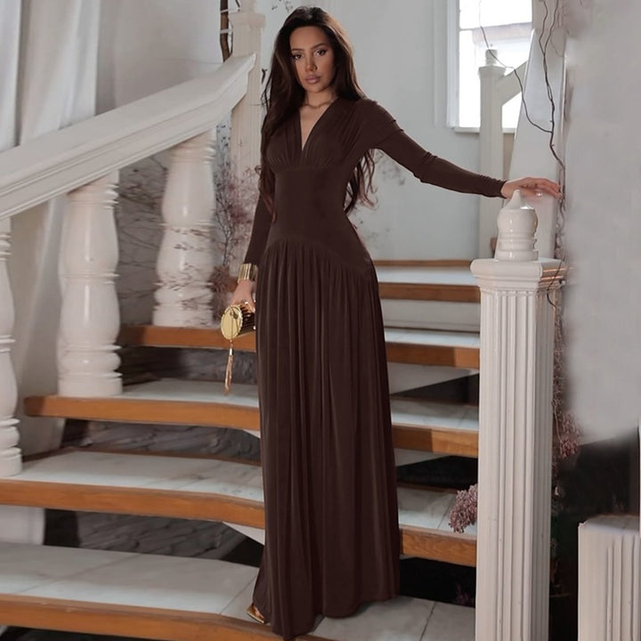 Damen Elegantes Maxikleid mit tiefem V-Ausschnitt und fließendem Schnitt Drune