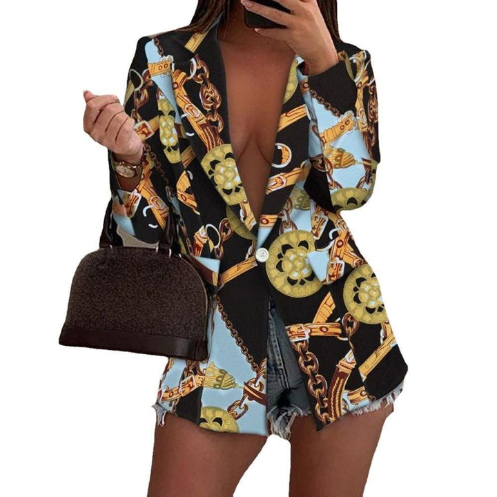 Damen Gemusterter Longline-Blazer mit Ein-Knopf-Verschluss und Seidentuch-Print Drune