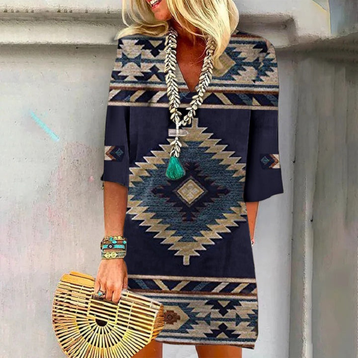 Damen Boho Tunika Kleid mit V-Ausschnitt, 3/4 Ärmeln und geometrischem ethnischem Druck Drune