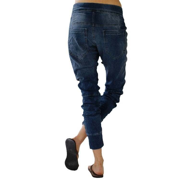 Damen bequeme Denim-Haremshose mit elastischem Bund und lässigem Schnitt Drune