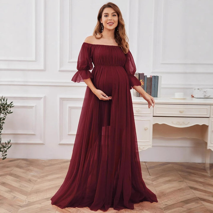 Damen Elegantes Umstandskleid mit schulterfreiem Design und luftigem Tüll Drune