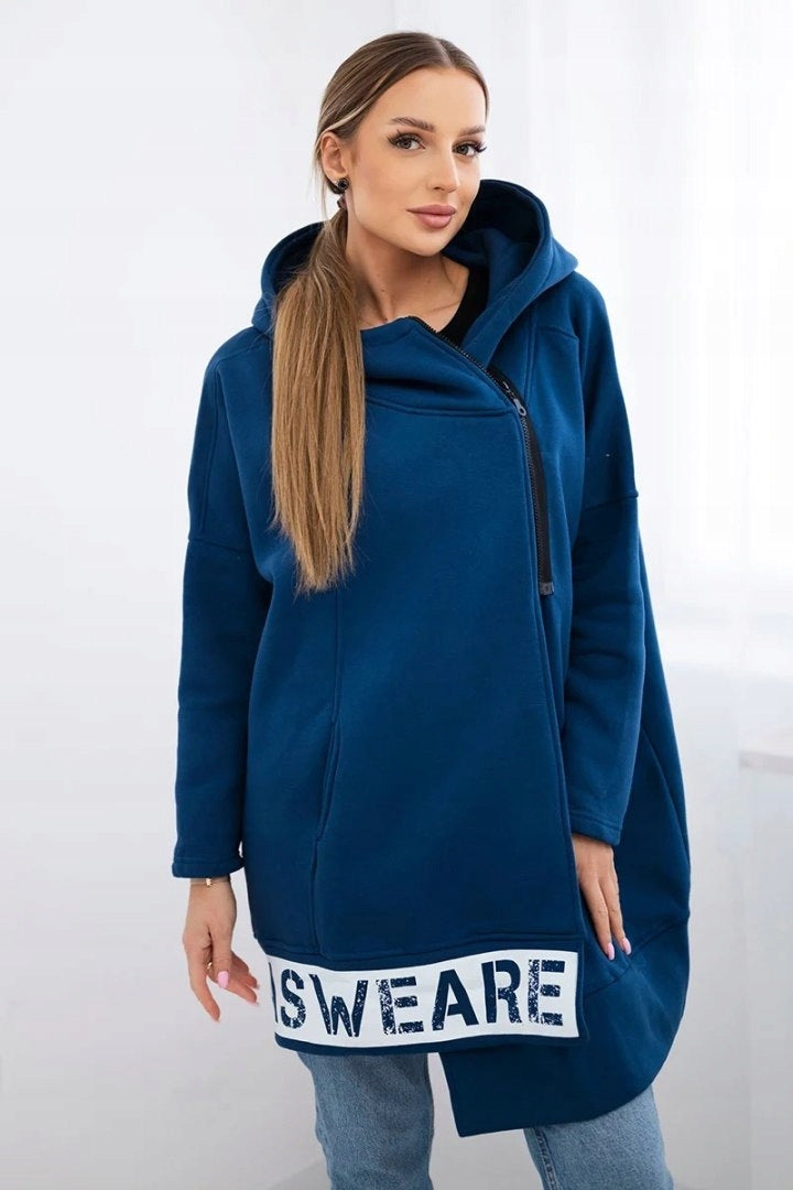 Drune | Reißverschluss Bedrucktes Logo Lockere mittellange Kapuzenfleecejacke