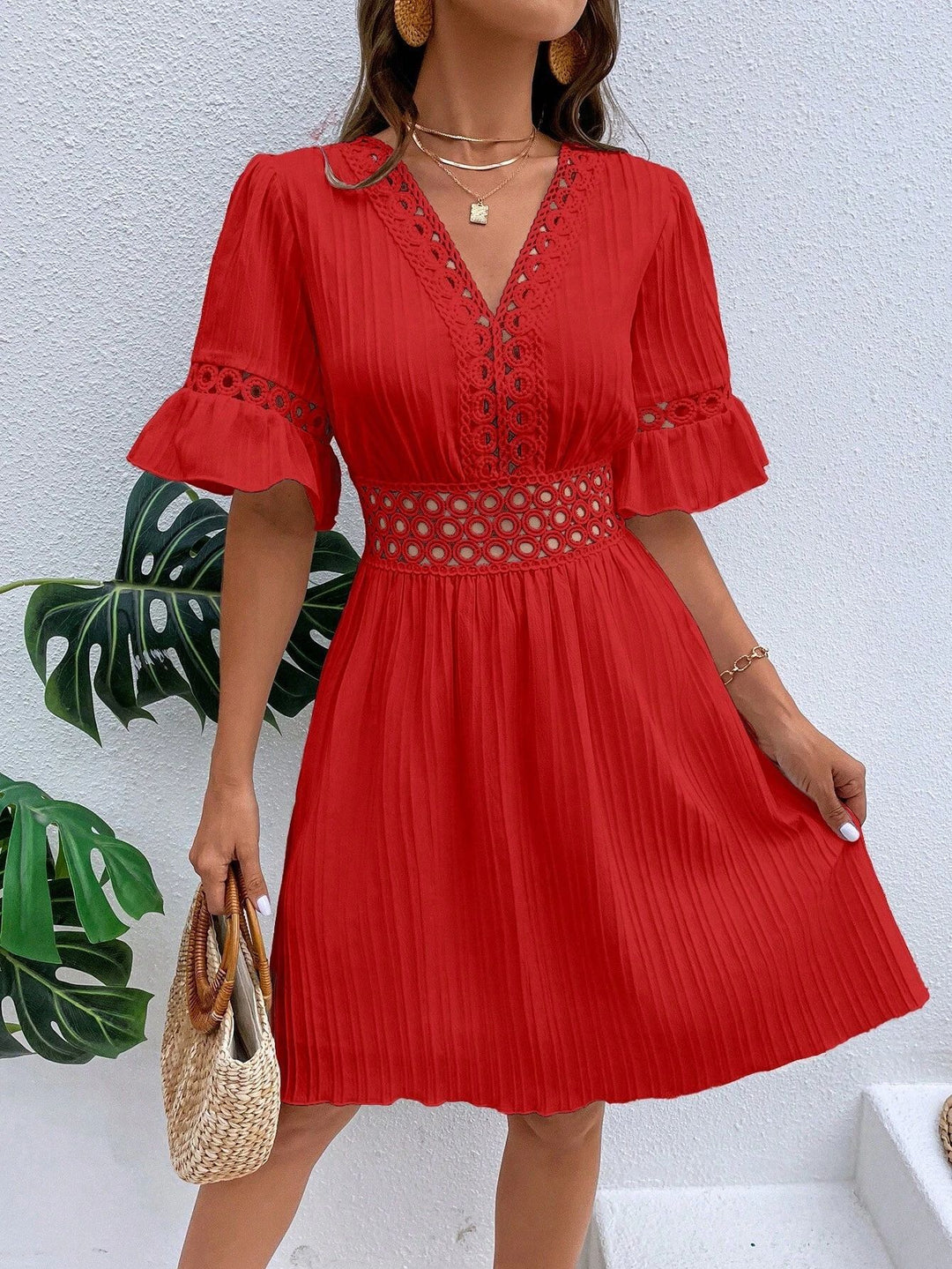 Damen Midikleid mit Plissee, Spitzeneinsatz in der Taille und Volantärmeln Drune