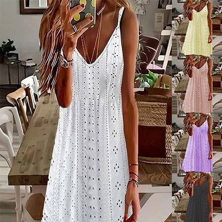 Damen Ärmelloses Sommerkleid mit dekorativem Lochmuster und V-Ausschnitt Drune
