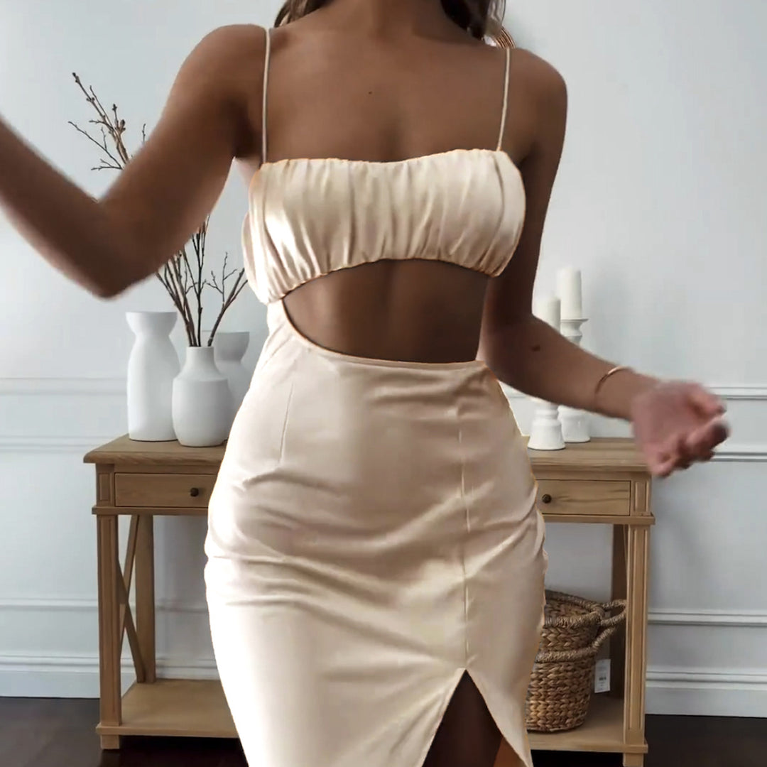 Damen Elegantes Cut-Out Kleid mit schmalen Spaghetti-Trägern und drapiertem Oberteil Drune
