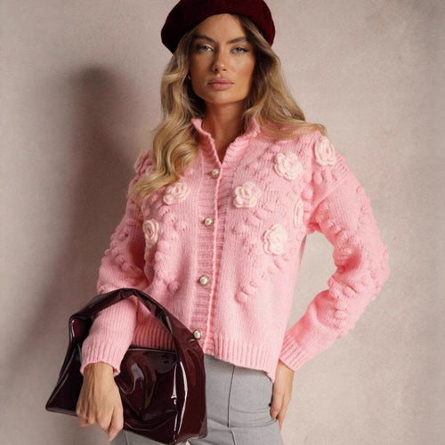 Damen Strickjacke mit floralen Applikationen und trendigem Knopfdesign Drune