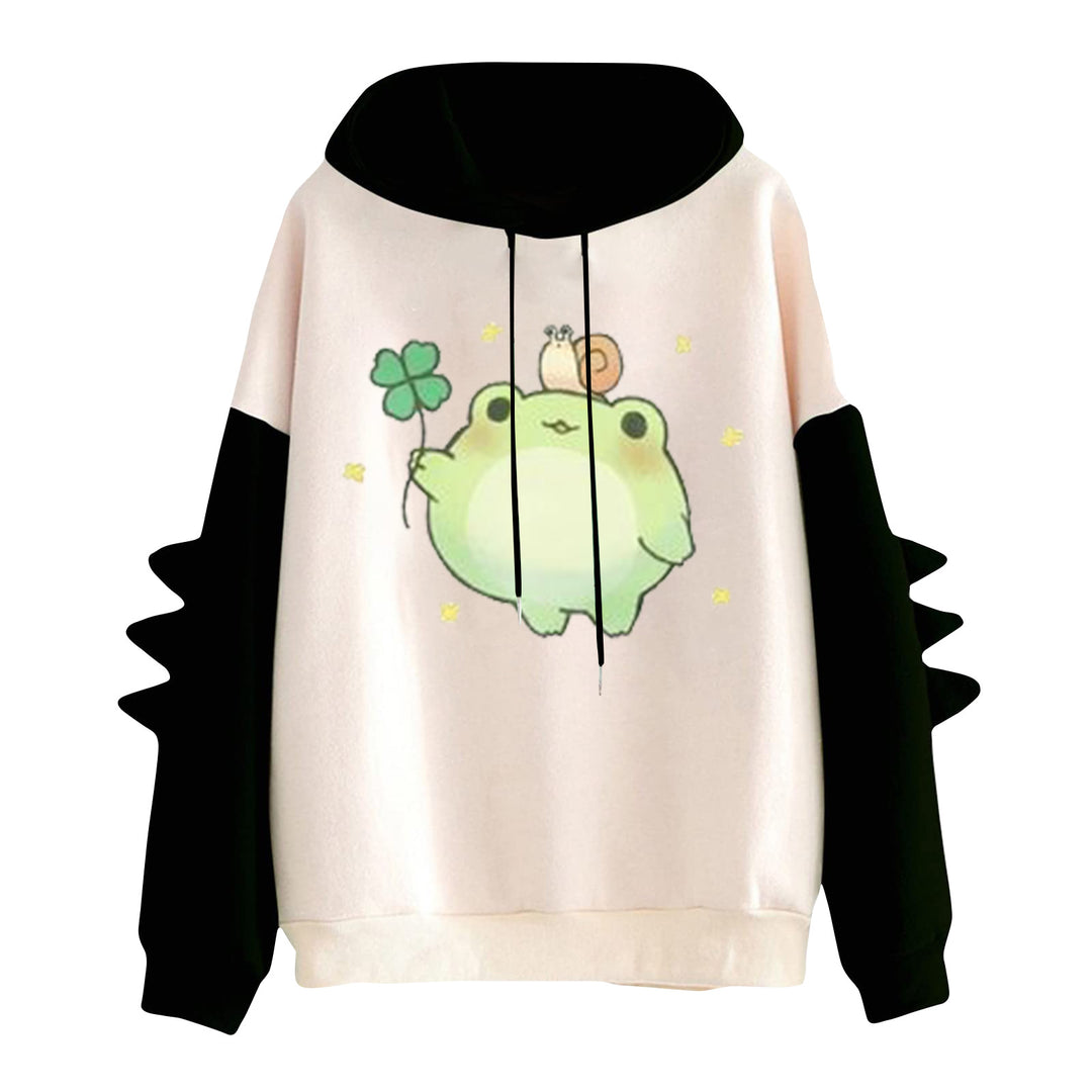 Damen nan Kapuzenpullover mit niedlichem Frosch-Motiv, Kängurutasche und volumigen Ärmelapplikationen Drune