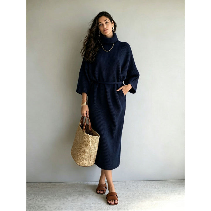 Damen Midikleid aus Rippstrick mit Rollkragen, Bindegürtel und Eingrifftaschen Drune