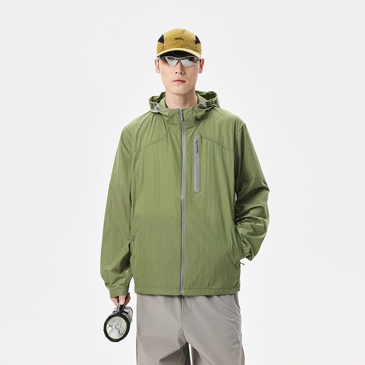 Herren Ultraleichte Packbare Regen- und Windjacke mit Kapuze, versteckter Brusttasche und wasserabweisendem Shell Drune