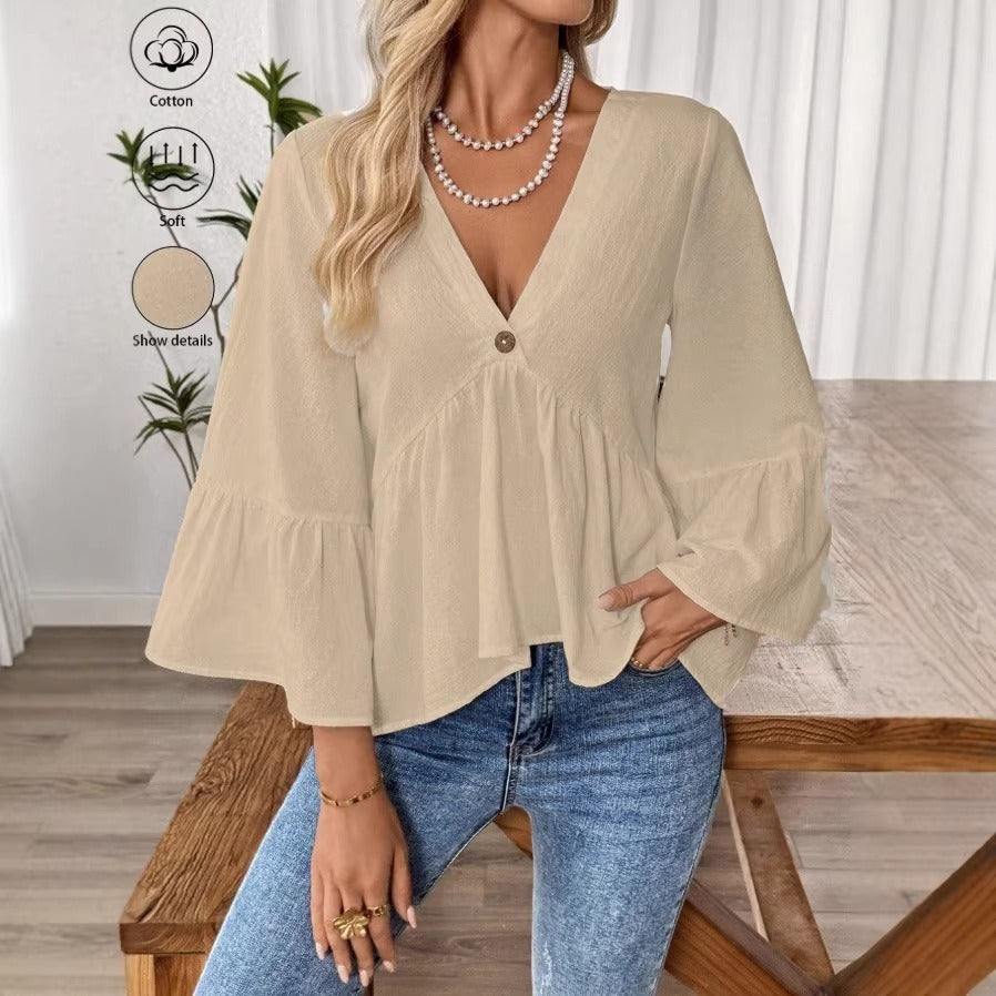 Damen nan elegante Empire-Bluse mit V-Ausschnitt, geraffter Brustnaht und Glockenärmeln Drune