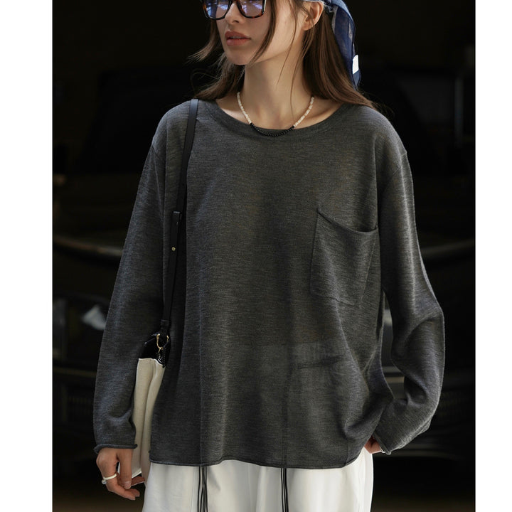 Damen Weites leichtes Feinstrick-Longsleeve mit Brusttasche und Rundhalsausschnitt Drune