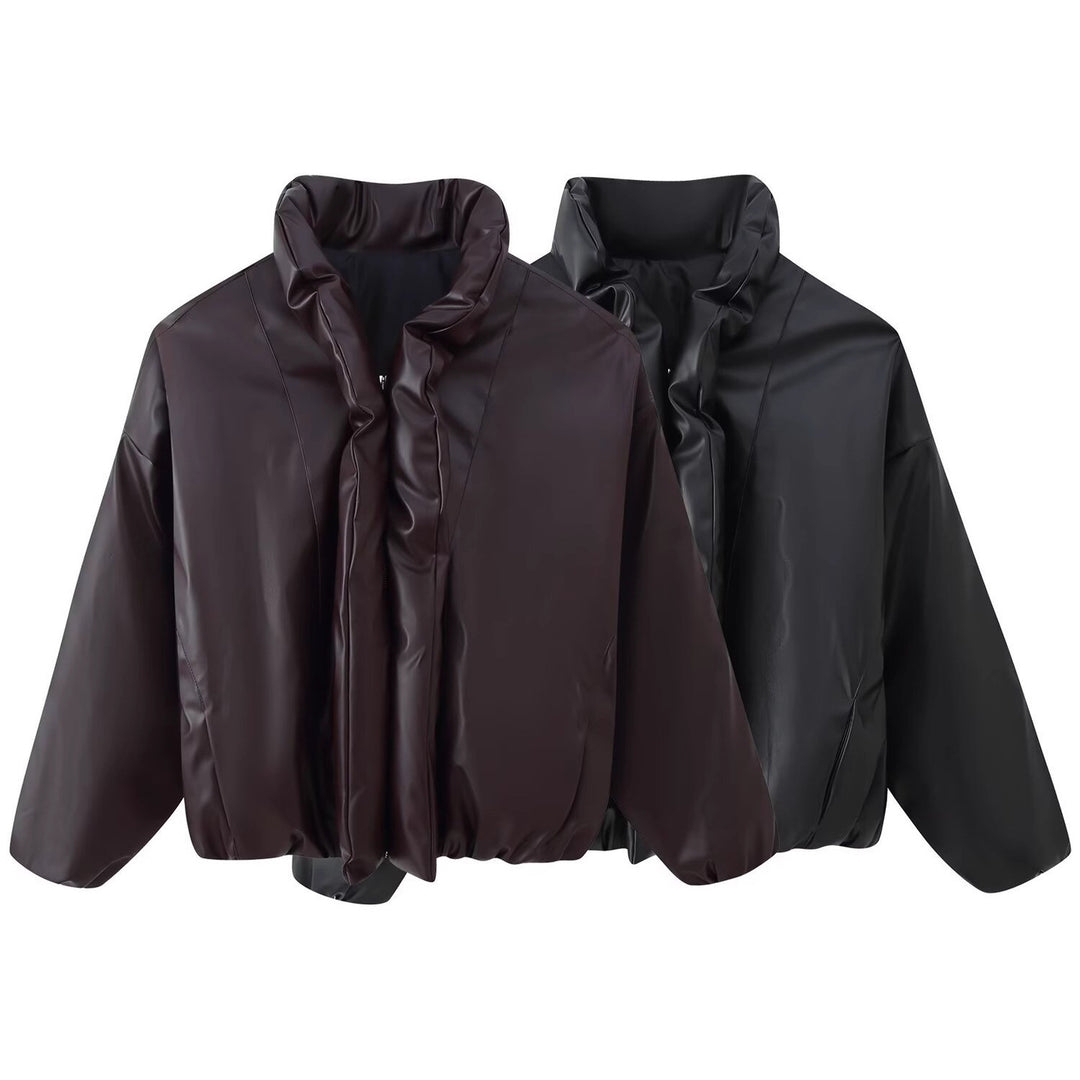 Damen Oversized Kunstleder‑Blouson mit voluminösem Stehkragen und elastischem Saum Drune