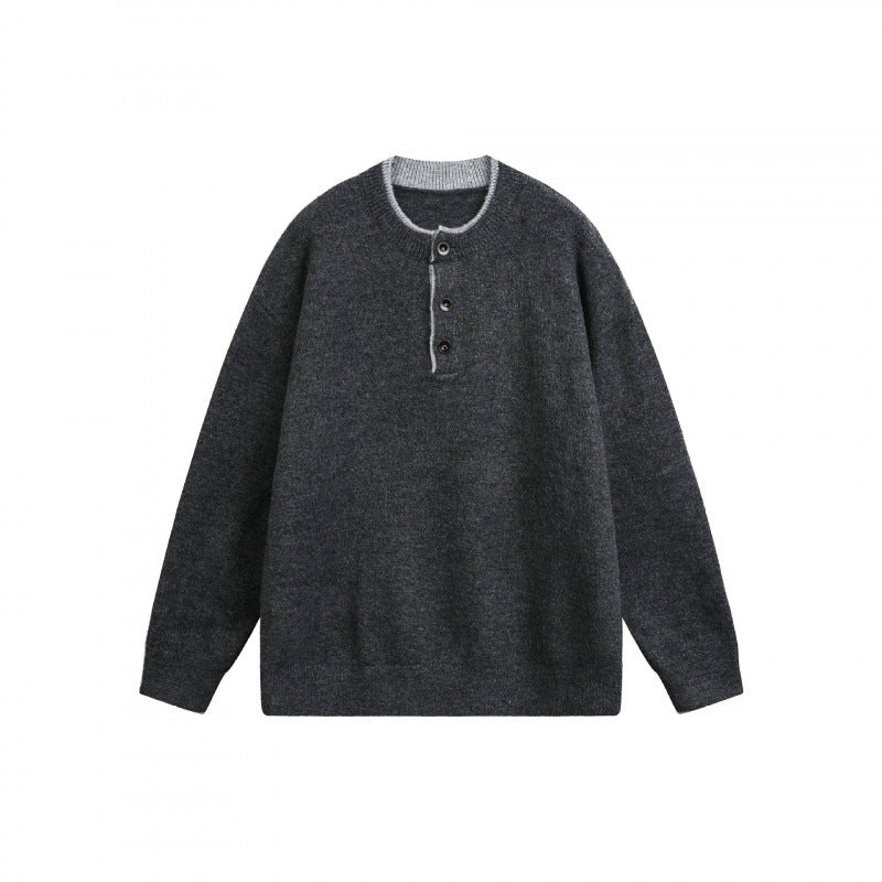 Unisex Grobgestrickter Henley-Pullover mit halber Knopfleiste und geripptem Ausschnitt Drune