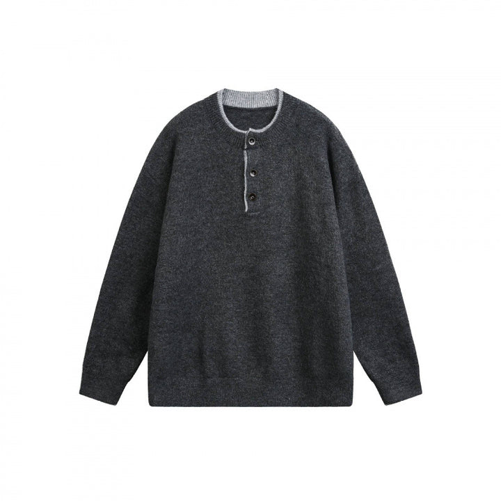Unisex Grobgestrickter Henley-Pullover mit halber Knopfleiste und geripptem Ausschnitt Drune