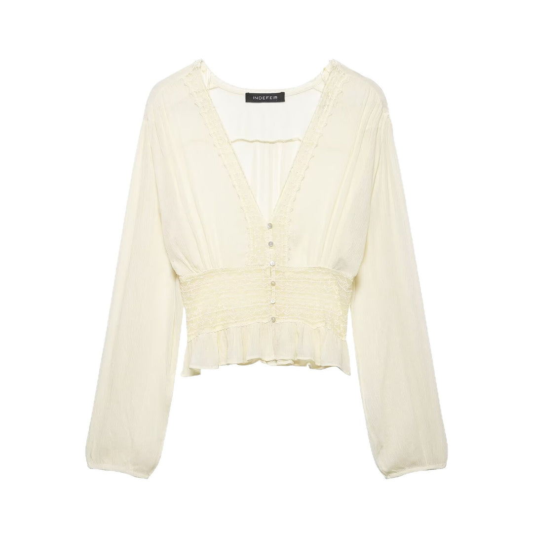 Damen Zarte Langarm‑Bluse aus Crinkle‑Chiffon mit tiefem V‑Ausschnitt, Smok‑Taille und Volantsaum Drune