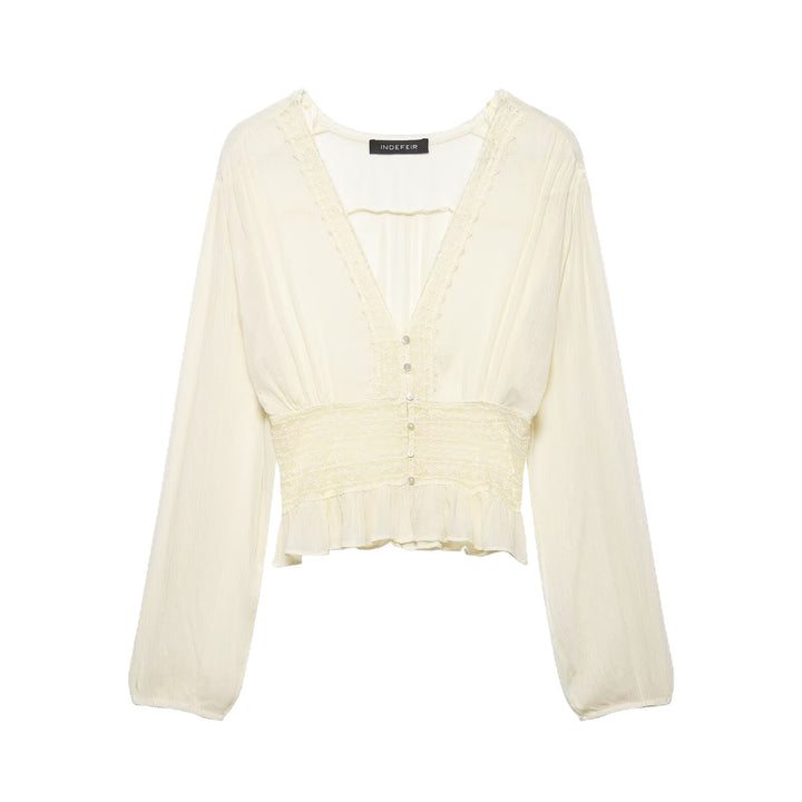 Damen Zarte Langarm‑Bluse aus Crinkle‑Chiffon mit tiefem V‑Ausschnitt, Smok‑Taille und Volantsaum Drune