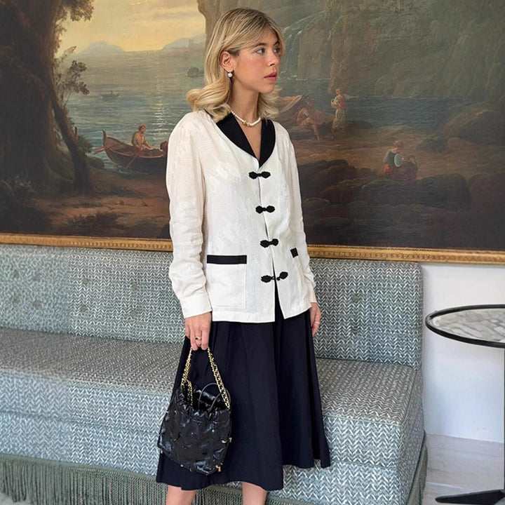 Damen Taillierte Jacquard-Jacke mit Kontrastkragen und Knotenverschlüssen Drune