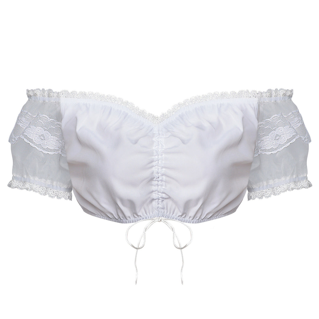 Damen nan Spitzenbolero Bluse mit Stehkragen, 3/4 Ärmeln und Bindeband Drune