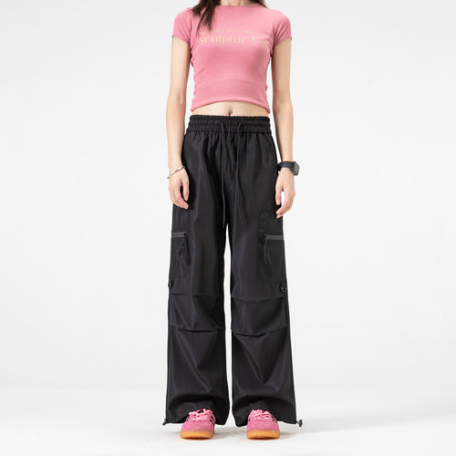 Damen Weite Cargo‑Schlaghose mit hohem Elastbund, Multitaschen und verstellbarem Saum Drune