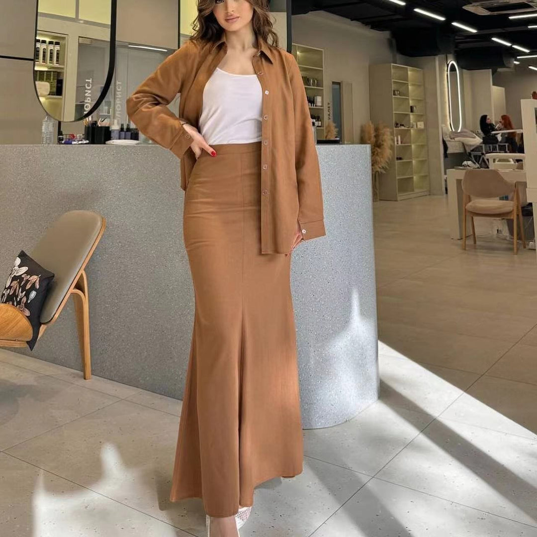 Damen Zweiteiliges Set Schlauchmaxirock mit ausgestelltem Saum und Oversize-Hemd Drune