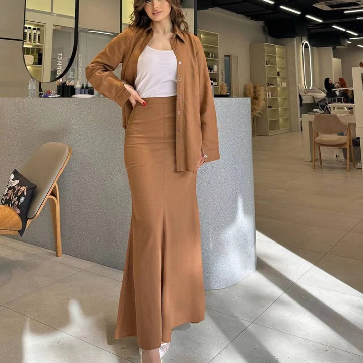 Damen Zweiteiliges Set Schlauchmaxirock mit ausgestelltem Saum und Oversize-Hemd Drune