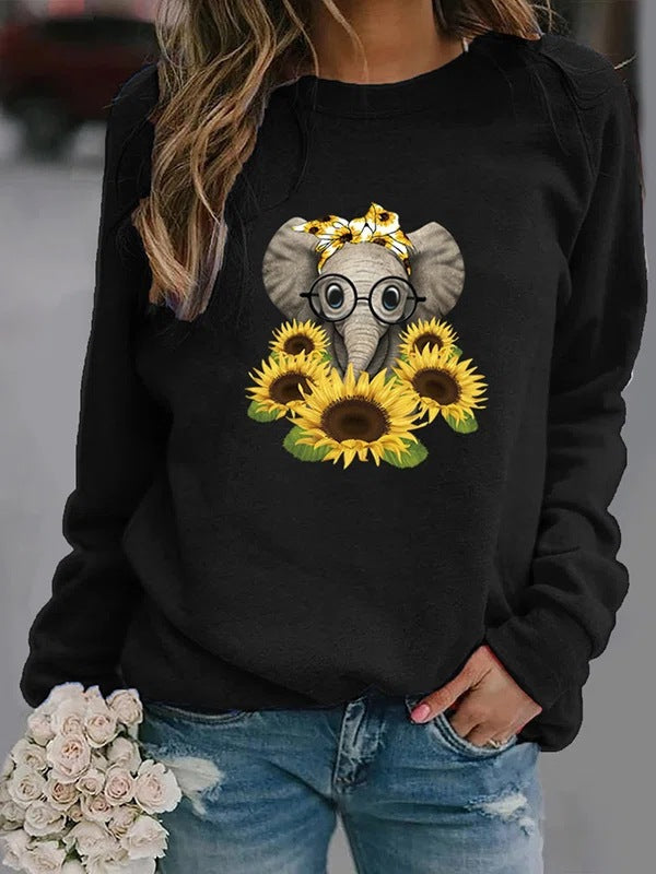 Damen-Sweatshirt mit Elefantenprint, Sonnenblumenmotiv und weichem Fleece Drune