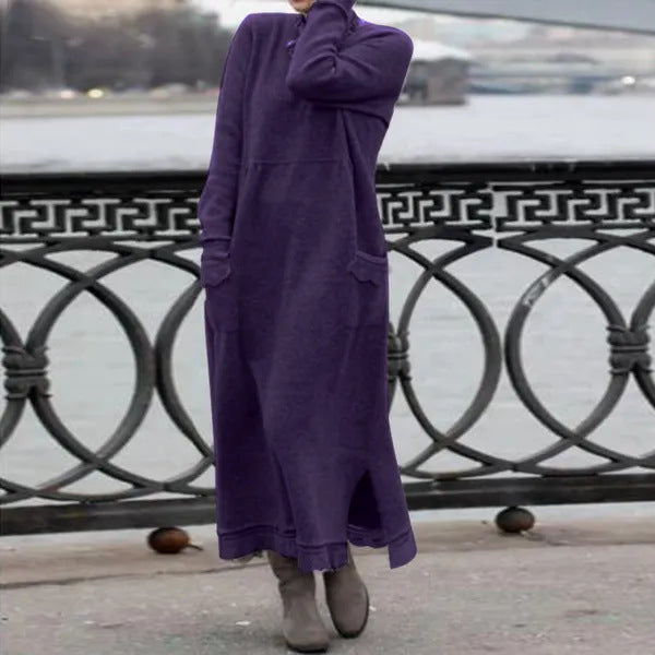 Damen nan langes Strickmaxikleid mit Seitenschlitzen und aufgesetzten Taschen Drune