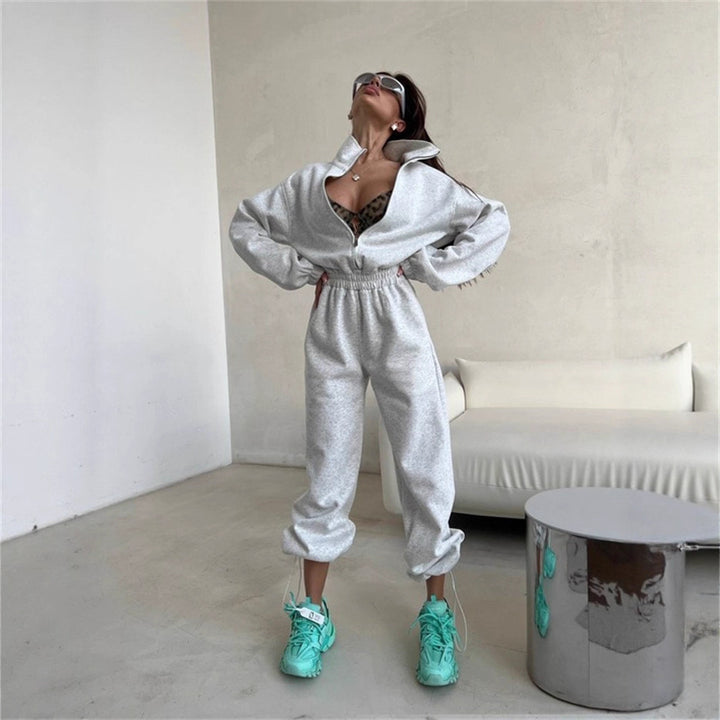 Damen Relaxed-Loungewear-Set mit Halbzip-Stehkragen und hochtaillierter Weitbein-Jogginghose Drune