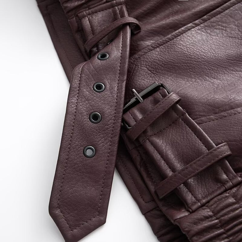 Damen Kunstleder Bikerjacke mit asymmetrischem Reißverschluss und Taillengürtel Drune