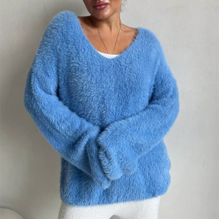 Damen Oversize-Flauschpullover mit V-Ausschnitt und Teddy-Optik Drune