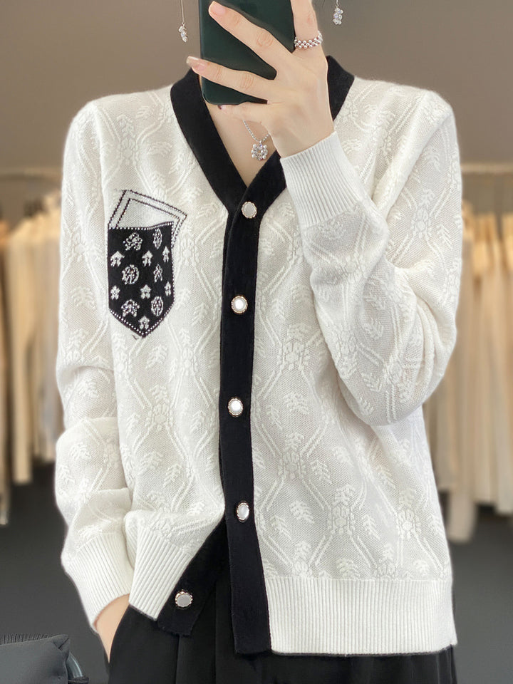 Damen Kurzgeschnittener V‑Neck-Cardigan mit Perlmuttknöpfen und kontrastierter Brusttasche Drune