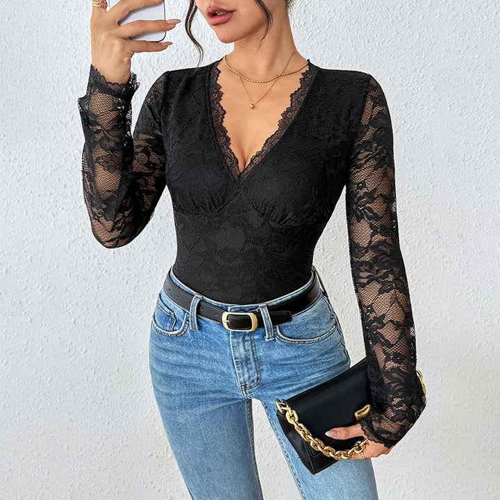 Damen Eleganter Spitzen-Body mit Korsett-Teilung und langen Transparentärmeln Drune