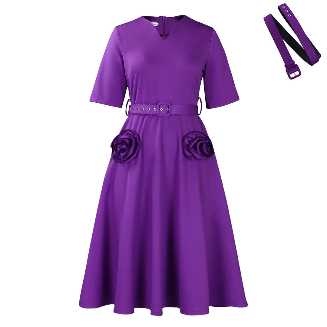 Damen elegantes Midi-Kleid mit Blumenapplikationen und Taillengürtel Drune