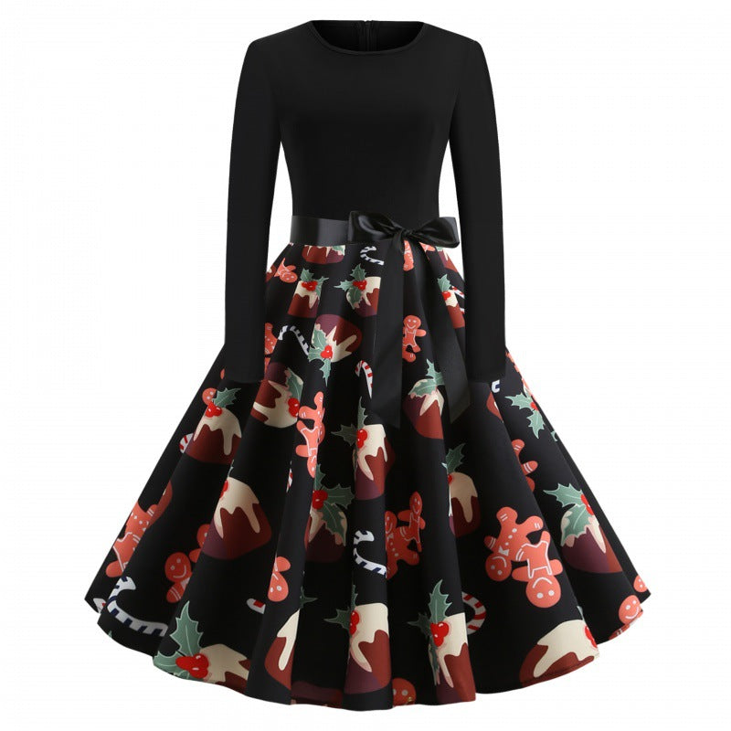 Damen Festliches Tellerkleid im Retro Stil mit langen Ärmeln tailliertem Oberteil und Satin‑Taillenschleife Drune