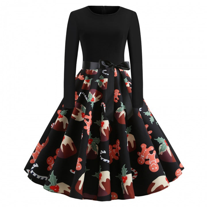 Damen Festliches Tellerkleid im Retro Stil mit langen Ärmeln tailliertem Oberteil und Satin‑Taillenschleife Drune
