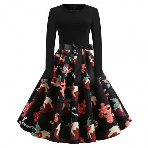 Damen Festliches Tellerkleid im Retro Stil mit langen Ärmeln tailliertem Oberteil und Satin‑Taillenschleife Drune