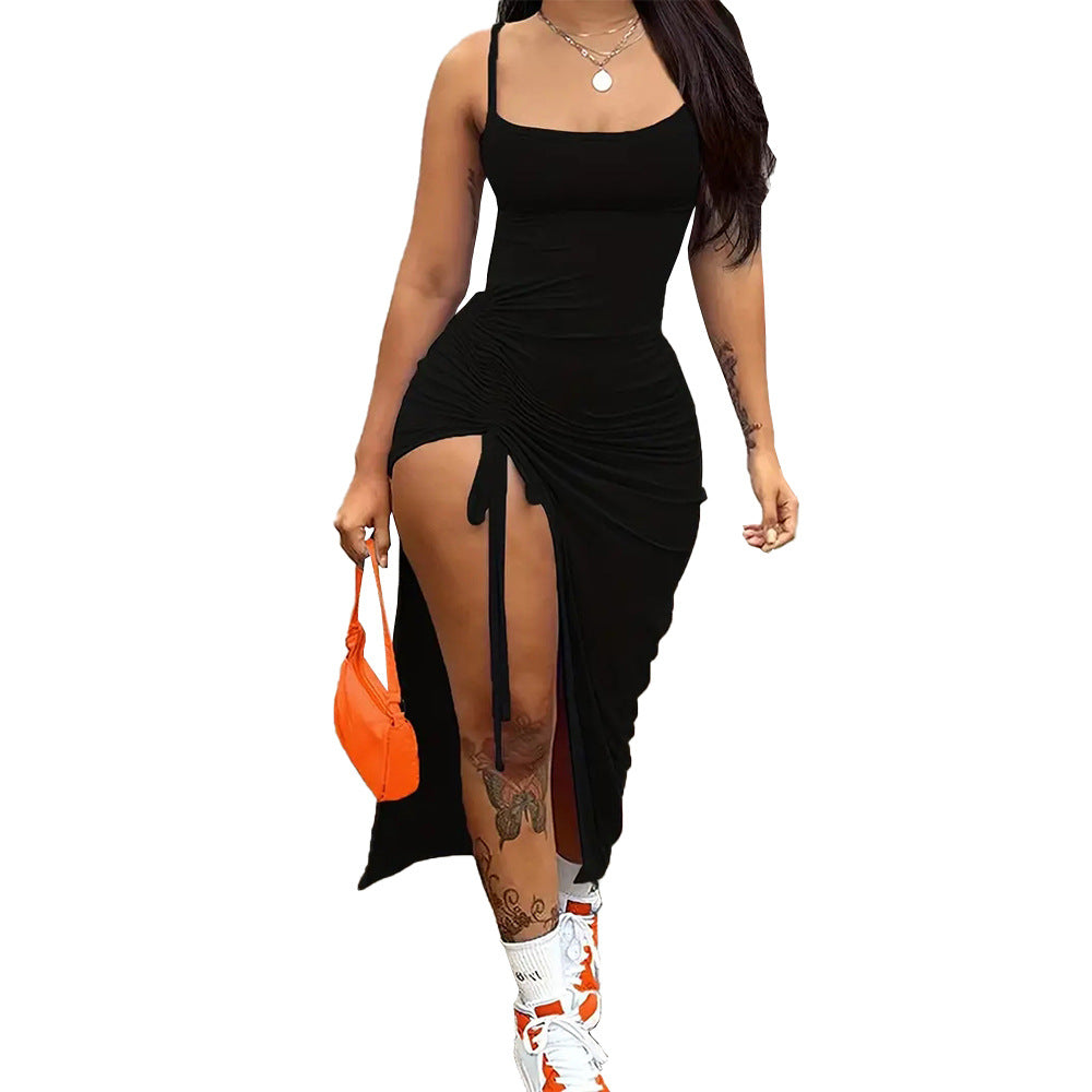Damen figurbetontes Maxikleid mit seitlichen Rüschendetails und tiefem Schlitz Drune