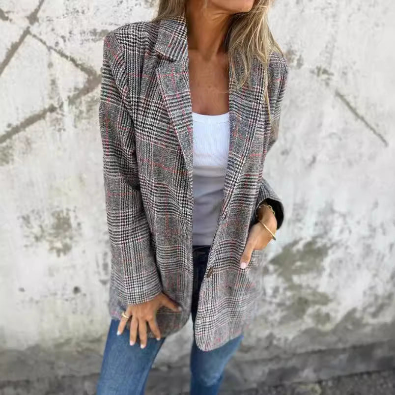 Damen nan oversized Karoblazer mit Reverskragen und aufgesetzten Taschen Drune