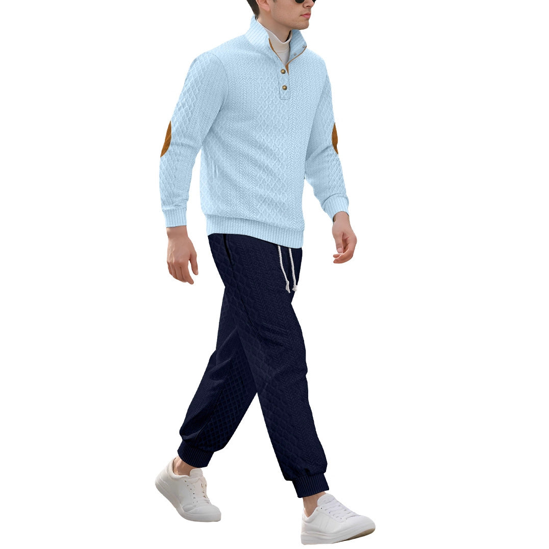 Herren nan strukturiertes Strick-Freizeitset mit Halbknopf-Stehkragen Wildleder-Ellbogenpatches und Kordelbund-Jogger Drune